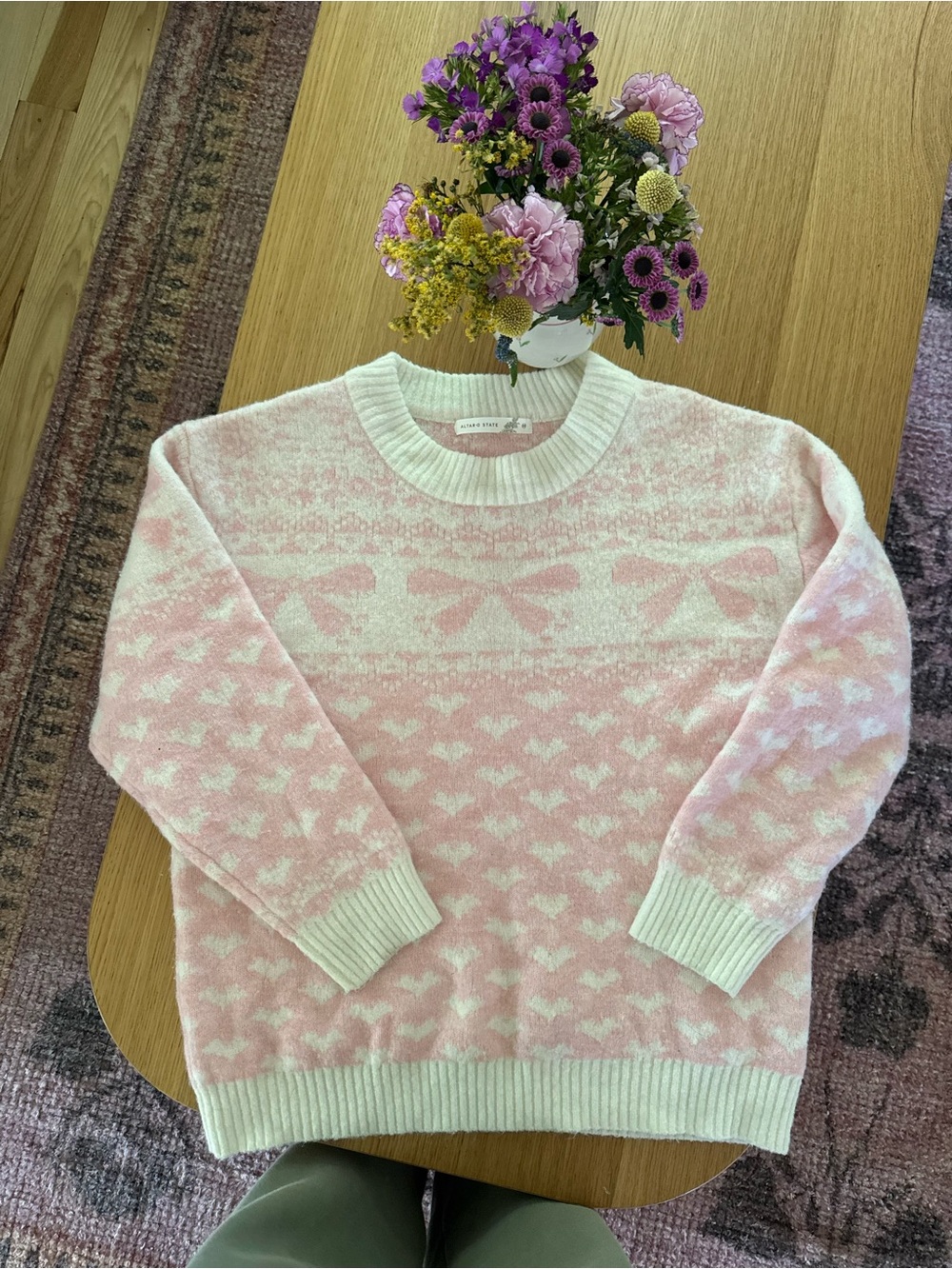 Women’s Pink and Cream Bow Pattern Sweater